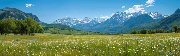 A grassy field set against a backdrop of towering mountains. The lush green meadow contrasts with the rugged peaks in the distance under a clear blue sky.