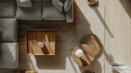 Obraz na płótnie Canvas Sleek Minimalist Living Space with Modular Grey Sofa and Wooden Coffee Table AI Generated.