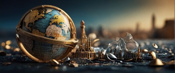 A small globe and figurines from different countries on a blurred background with bokeh. Tourism and travel concept. - obrazy, fototapety, plakaty