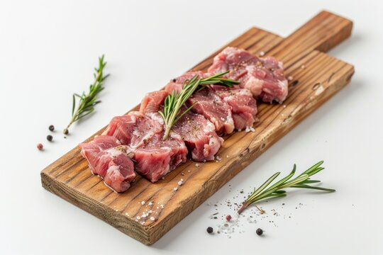 raw Lamb meat lies on a wooden board Isolated on white background