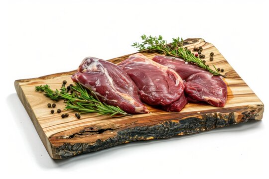 raw Quail meat lies on a wooden board Isolated on white background