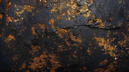 Black and gold rock texture background. Black paint wall with crush golden spots. Close-up. Dark...