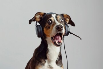 surprised dog phone operator in headset, Customer support. Consulting and assistance service call center Isolated