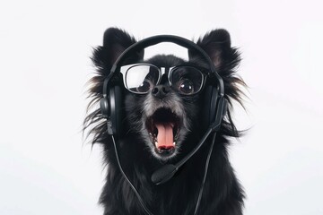 surprised dog phone operator in headset, Customer support. Consulting and assistance service call center Isolated