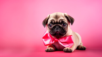 A small pug puppy in the form of a gift sits on a pink background with a bright bow around its neck. The concept of a birthday gift. A funny puppy with a place to copy text.