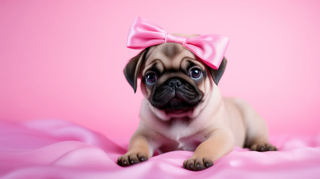 A small pug puppy in the form of a gift sits on a pink cloth with a bright bow on its head. The concept of a birthday gift. A funny puppy with a place to copy text.The pug is waiting for its new owner - Powered by Adobe