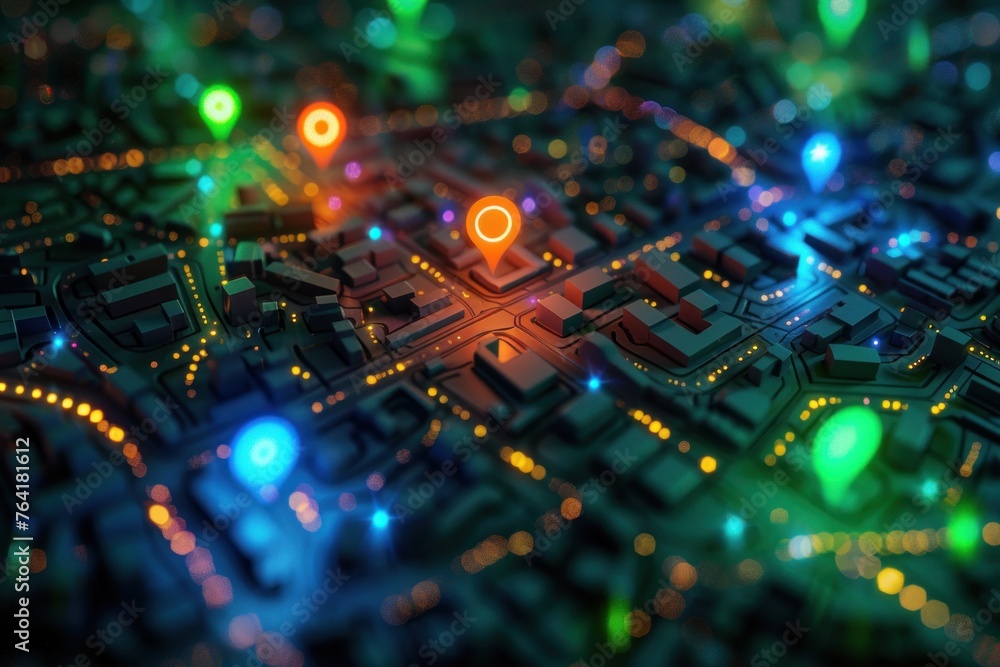 Poster 3d city map with 3d glowing color pointers location gps