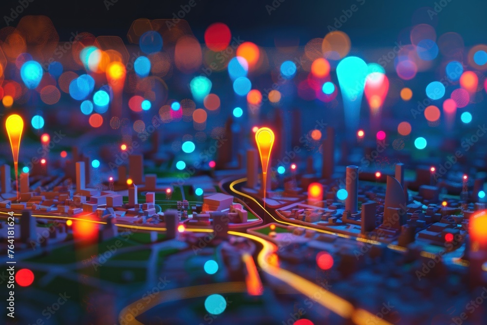 Poster 3d city map with 3d glowing color pointers location gps