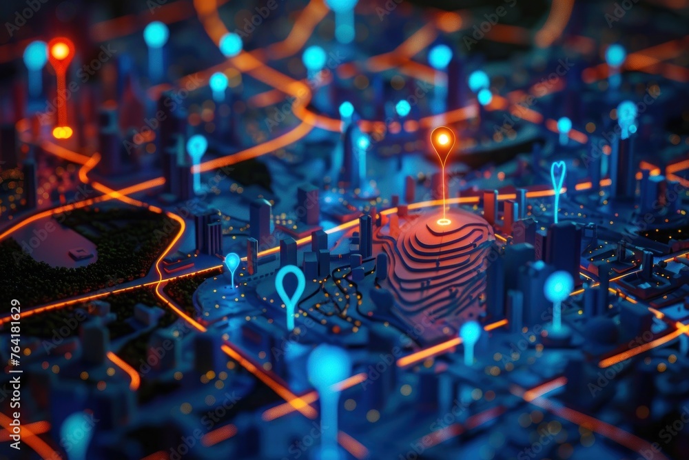 Poster 3d city map with 3d glowing color pointers location gps