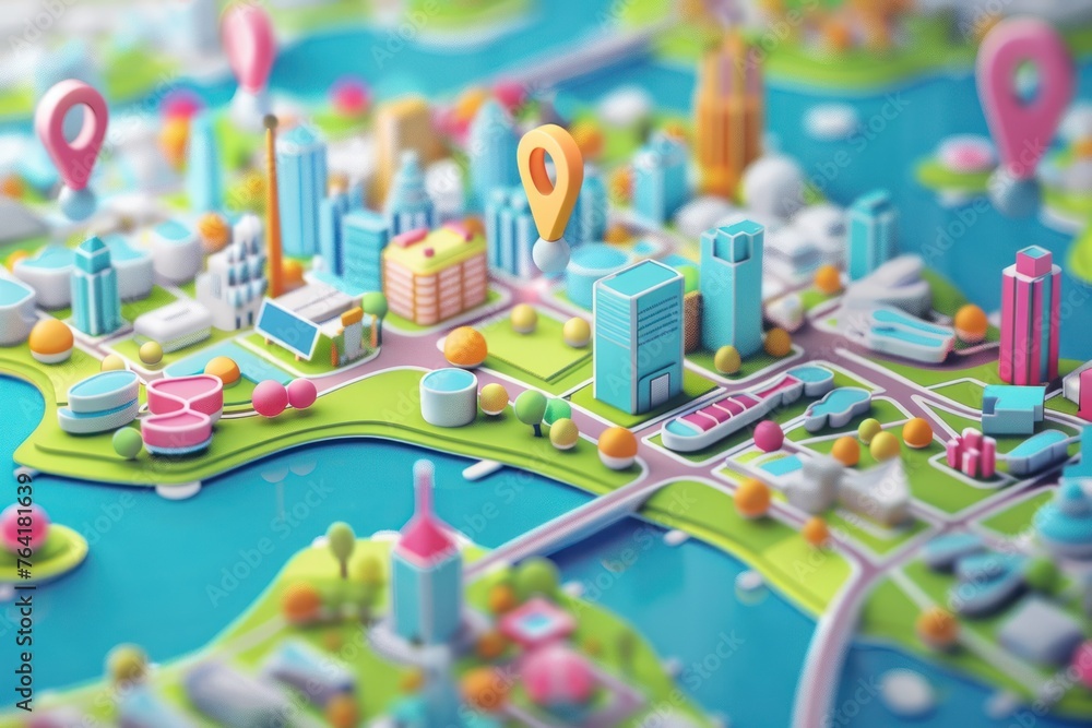 Poster 3d city map with 3d pointers location gps