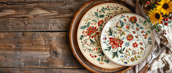 Hand-embroidered Hungarian-style table linens and ceramics.