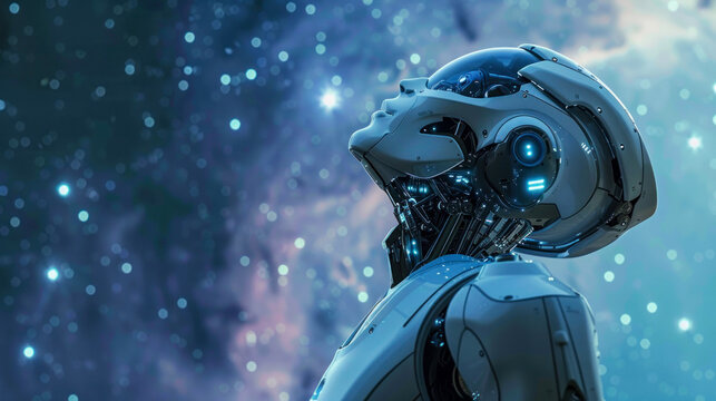 This striking image captures a futuristic robot head against a backdrop of shimmering blue lights, evoking a sense of advanced technology and intelligence