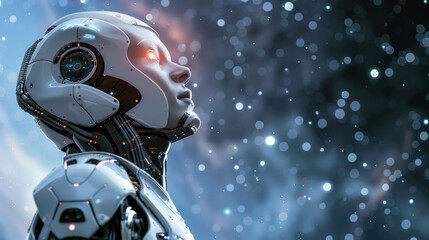 A highly detailed robot head looking upwards, seemingly in thought, against a backdrop of a star-filled sky