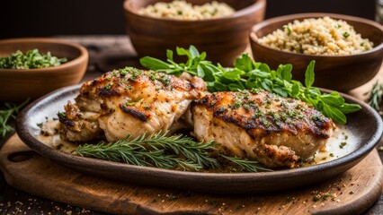 Baked chicken thighs in a herb crust - obrazy, fototapety, plakaty