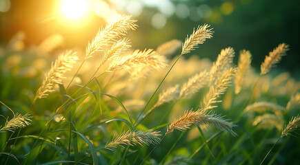 tall grass with light beige spikes swaying in the light wind, the natural perfection of the moment - Powered by Adobe