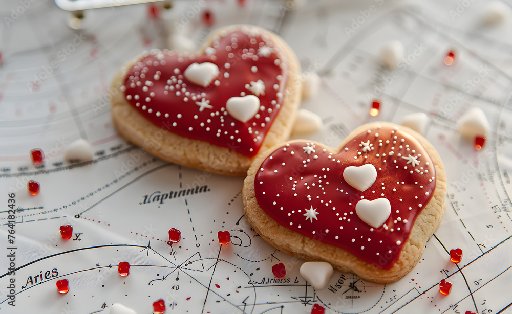 Wall mural a closeup of heart-shaped cookies with red icing, placed on top of an astrology chart accurately sho