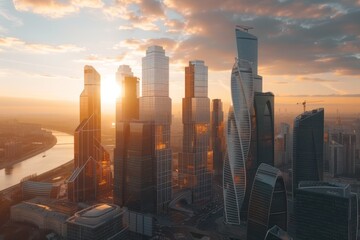 Modern and luxury skyscrapers in megapolis city sunset light during sunny day - obrazy, fototapety, plakaty