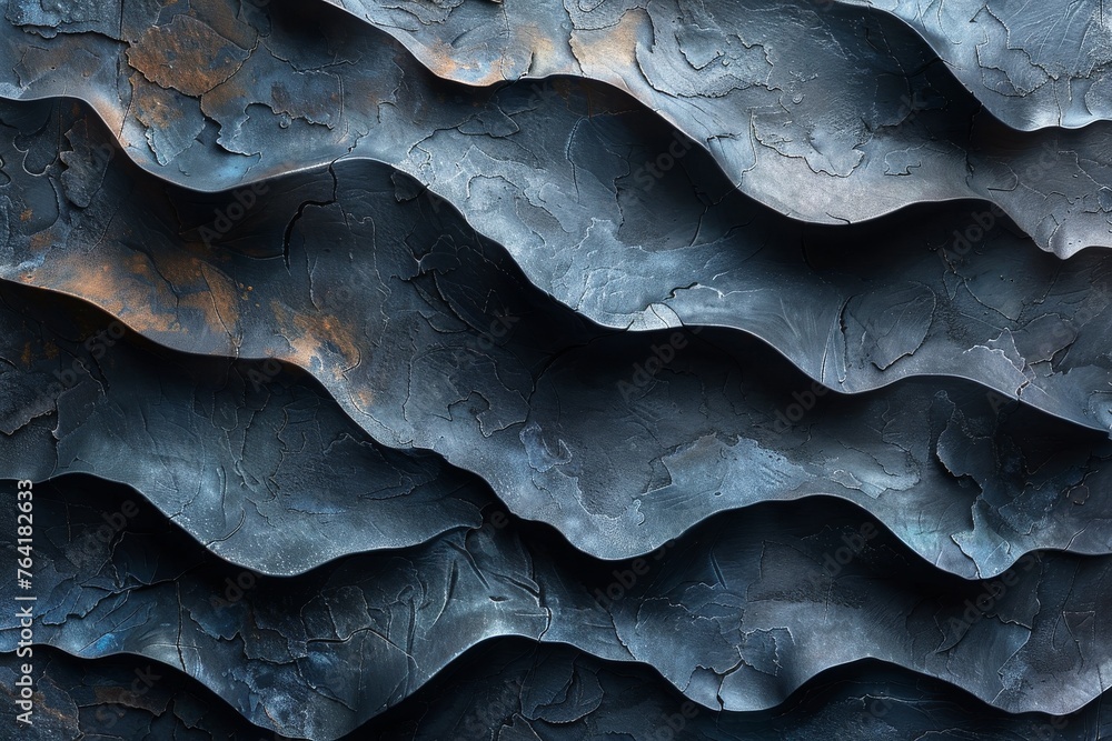 Poster an intricate pattern of undulating abstract textures in varying shades of blue and hints of orange