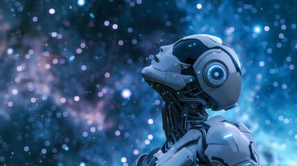 A contemplative AI robot head with a sparkling, bokeh universe background