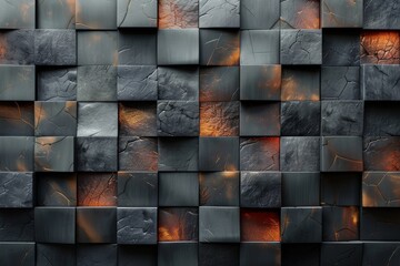 3D render of a wall texture with square tiles and luminous orange cracks contrasting against the dark stone