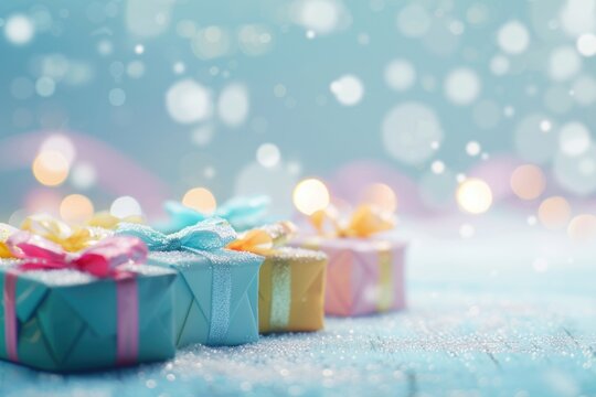 Perfect christmas presents banner with colorful gifts, bokeh