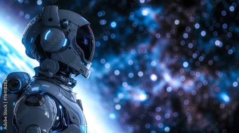 Poster a close-up image of a robot's head with a highly detailed, cosmic backdrop illustrating futuristic c