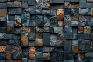 An intricate wall made of black stone tiles with natural orange highlights and rustic texture