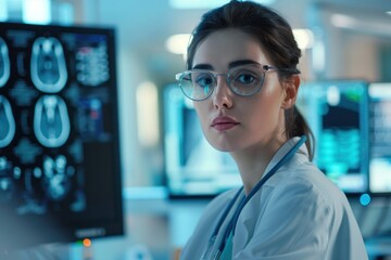 Fototapeta premium Portrait of pretty doctor working in modern hospital at mri ct xray scan
