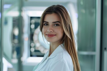 Obraz premium Portrait of pretty doctor working in modern hospital at mri ct xray scan