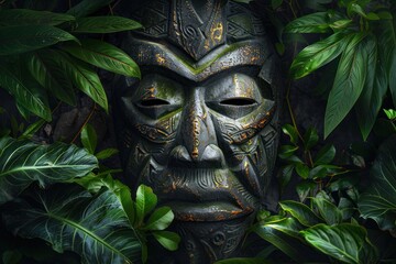Realistic photo of a Tropical tiki mask, mystical symbol of the enigmatic lost tribe in the jungle - obrazy, fototapety, plakaty