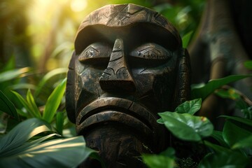 Realistic photo of a Tropical tiki mask, mystical symbol of the enigmatic lost tribe in the jungle - obrazy, fototapety, plakaty