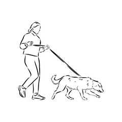Scenes of dog training with cartoon characters of man and his pet learning various commands