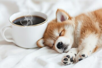 Sleepy puppy lies on a white background next to a cup of coffee with steam