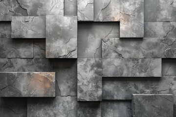 This image showcases an abstract grey stone wall design with several square slabs protruding in a random 3D pattern