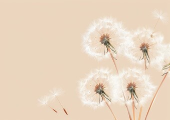 a group of dandelions with seeds flying