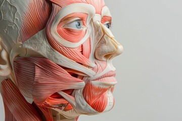 Structure of facial and shoulder muscles and tendons. muscles of human face in anatomy model on white background