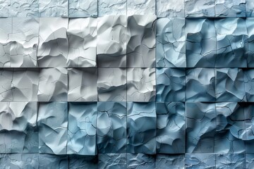 A modern artistic wall featuring a mosaic of tiles with varying degrees of cracks and cool hues of blue and grey - obrazy, fototapety, plakaty