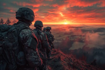 An evocative image displaying a group of soldiers gazing into a breathtaking sunset, with a red and orange cloud-covered sky adding a dramatic backdrop to the silhouette of their figures