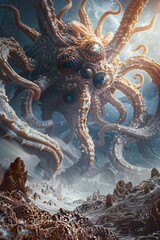 Fototapeta premium Eldritch Being in Alien Landscape: A Journey into the Cosmic Horrors Style of Digital Art