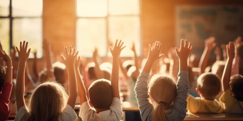 Group of Children Raising Hands in Classroom Generative AI