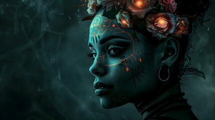 Dark-Skinned Woman with Glowing Flowers in Her Hair and Day of the Dead Makeup in a Mysterious Dark Fantasy Digital