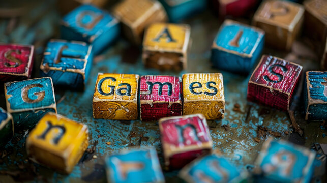 A person stands in front of a colorful background with the word "Games" displayed.