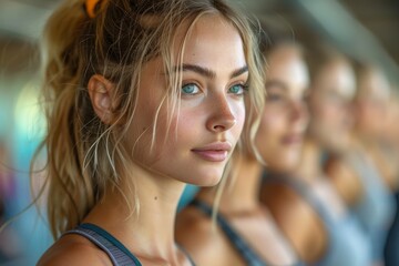 An engaged young woman with intense blue eyes in line for an exercise machine at the gym