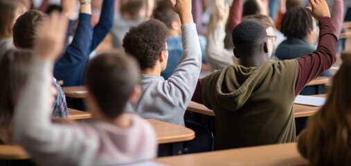 Diverse Adult Students Raise Hands in Classroom Generative AI