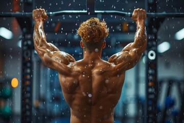 Muscular man performing pull-ups in a dramatic gym setting with raindrops highlighting his physique