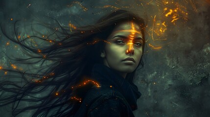 Indian Woman in Digital Art Portrait Radiating Luminous Skin and Glowing Eyes amid Swirling Misty Particles - obrazy, fototapety, plakaty