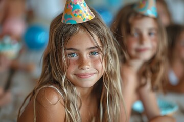 Fototapeta premium This joyful image captures a young girl with sun-kissed freckles wearing a party hat at a celebration