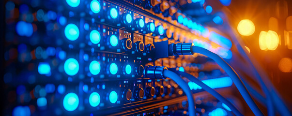 Networking cables and ethernet in a tech hub, connectivity and internet concept