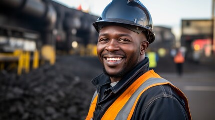 A man wearing a hard hat and orange vest is smiling - Powered by Adobe