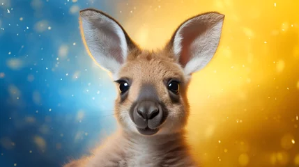 Fotobehang Baby kangaroo gray-brown, with brown eyes and big ears, funny, smart, beautiful, on a bright background, close-up © Glebsterr